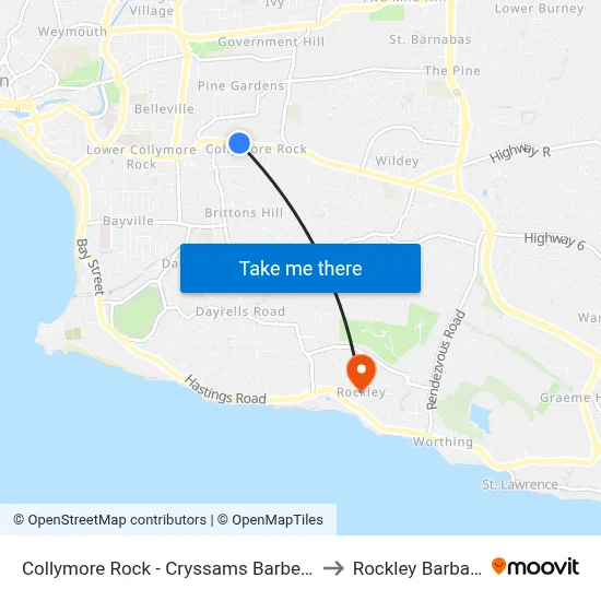 Collymore Rock - Cryssams Barber Shop to Rockley Barbados map