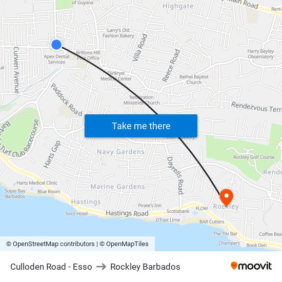 Culloden Road - Esso to Rockley Barbados map