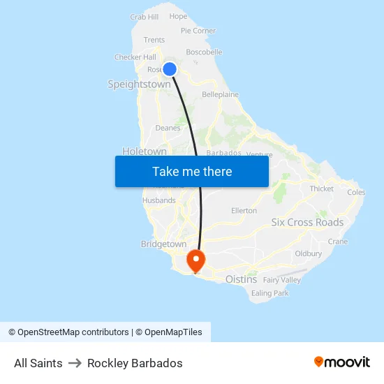 All Saints to Rockley Barbados map