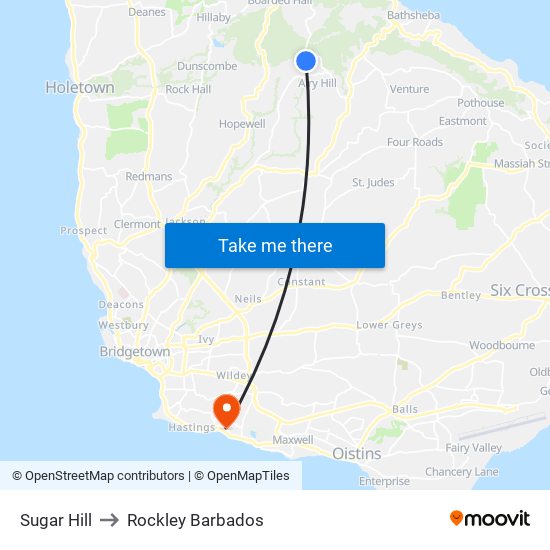 Sugar Hill to Rockley Barbados map