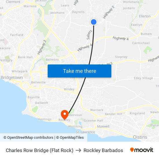 Charles Row Bridge (Flat Rock) to Rockley Barbados map