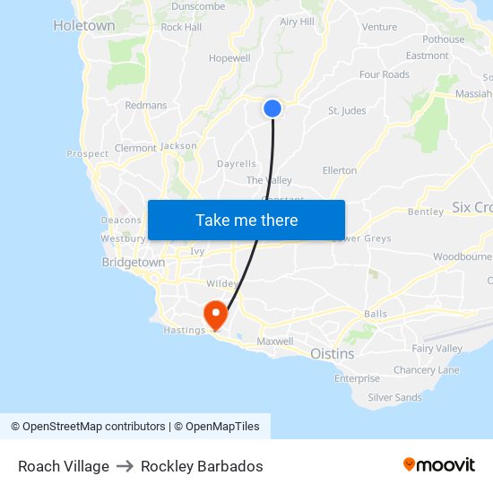 Roach Village to Rockley Barbados map