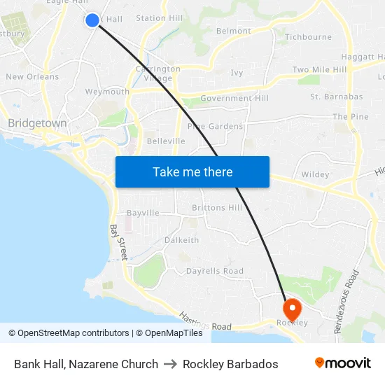 Bank Hall, Nazarene Church to Rockley Barbados map