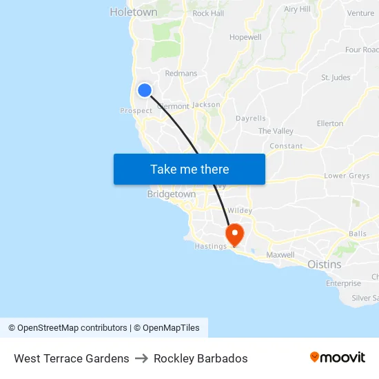 West Terrace Gardens to Rockley Barbados map
