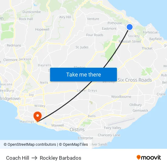 Coach Hill to Rockley Barbados map