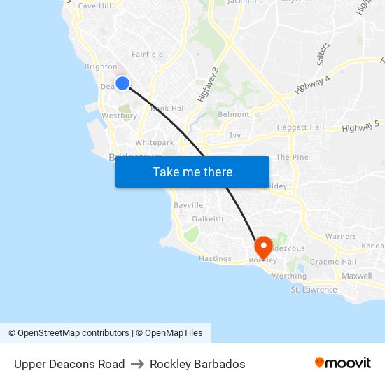 Upper Deacons Road to Rockley Barbados map