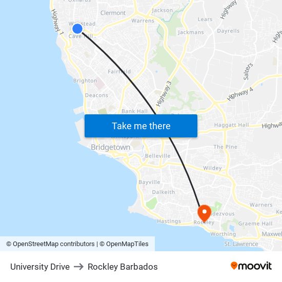 University Drive to Rockley Barbados map