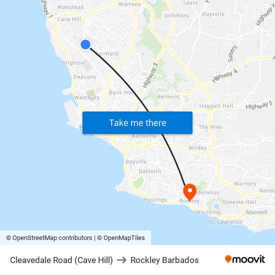 Cleavedale  Road (Cave Hill) to Rockley Barbados map