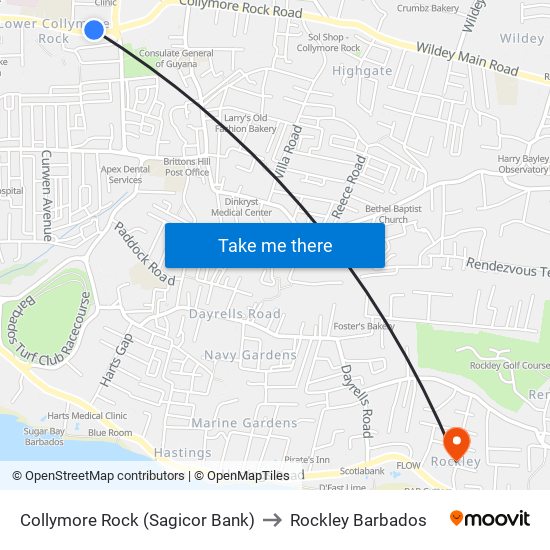 Collymore Rock (Sagicor Bank) to Rockley Barbados map
