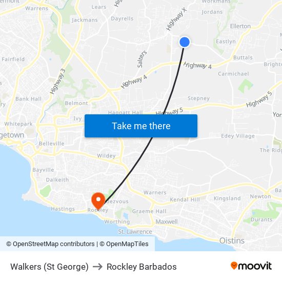 Walkers (St George) to Rockley Barbados map
