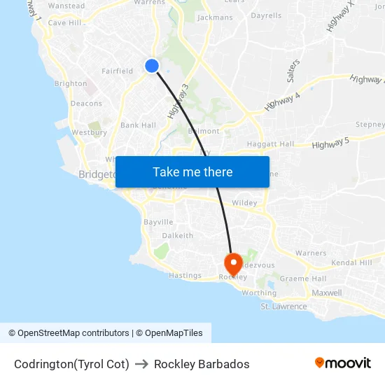 Codrington(Tyrol Cot) to Rockley Barbados map