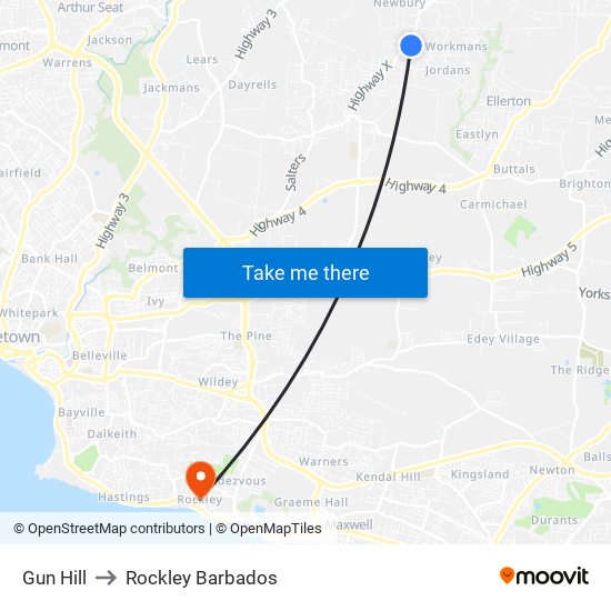 Gun Hill to Rockley Barbados map