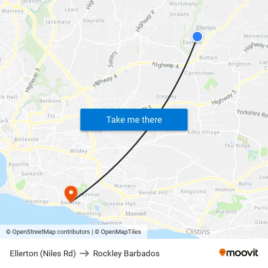 Ellerton (Niles Rd) to Rockley Barbados map
