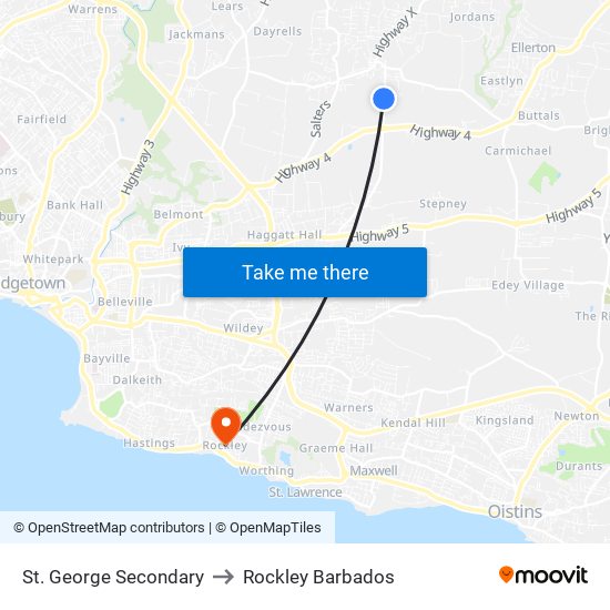 St. George Secondary to Rockley Barbados map