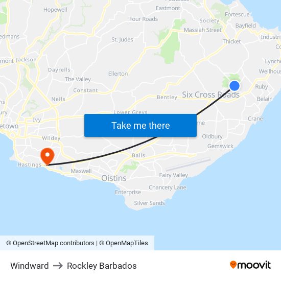 Windward to Rockley Barbados map