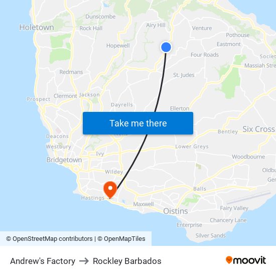 Andrew's Factory to Rockley Barbados map