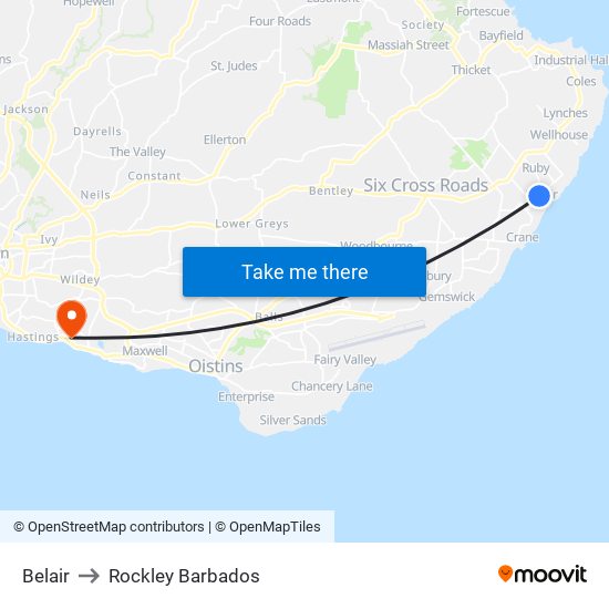 Belair to Rockley Barbados map