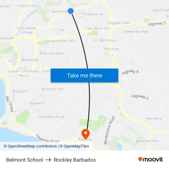 Belmont School to Rockley Barbados map