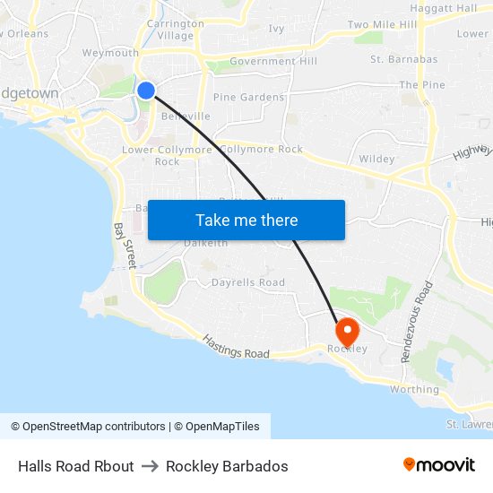Halls Road Rbout to Rockley Barbados map