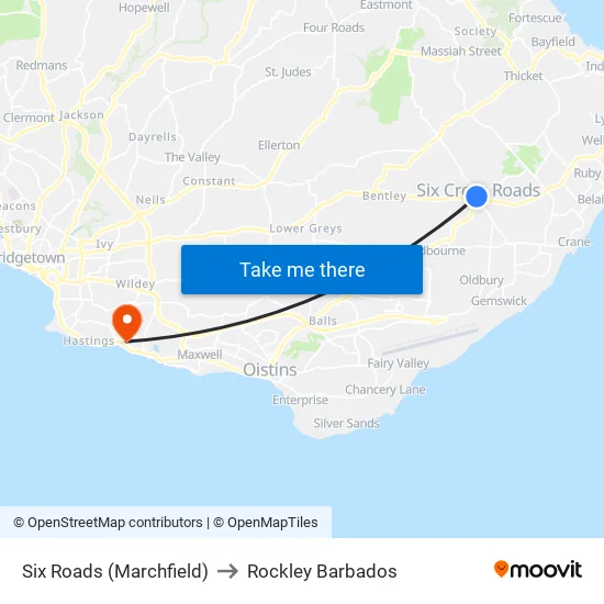 Six Roads (Marchfield) to Rockley Barbados map