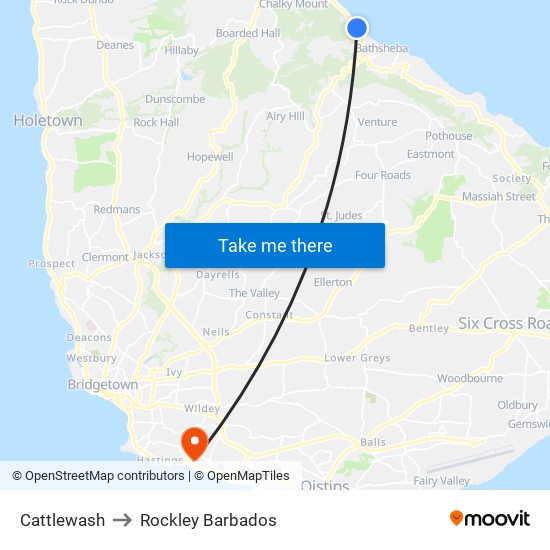 Cattlewash to Rockley Barbados map