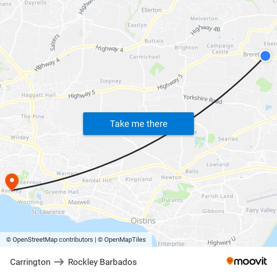 Carrington to Rockley Barbados map