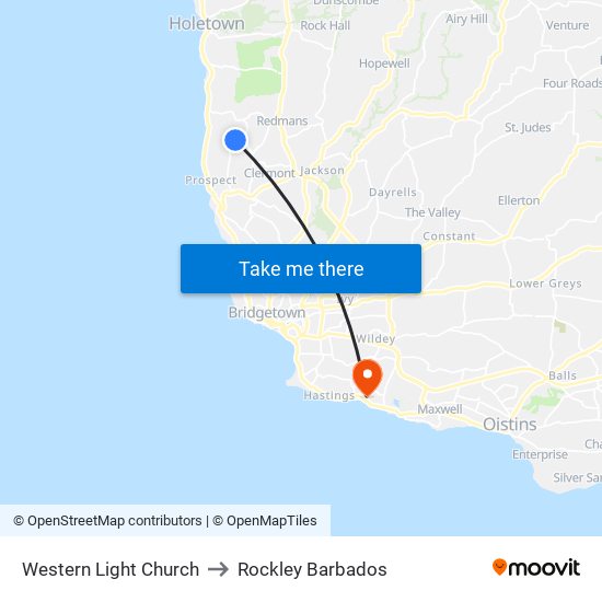 Western Light Church to Rockley Barbados map