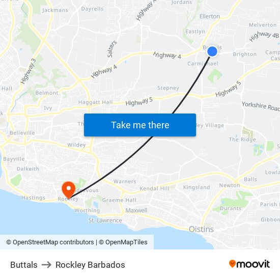 Buttals to Rockley Barbados map