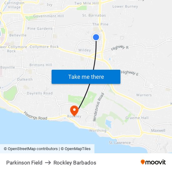 Parkinson Field to Rockley Barbados map