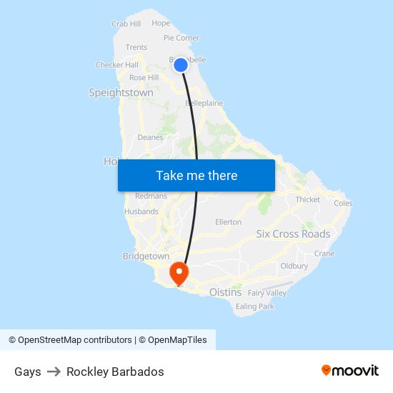 Gays to Rockley Barbados map