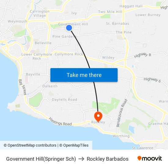 Government Hill(Springer Sch) to Rockley Barbados map