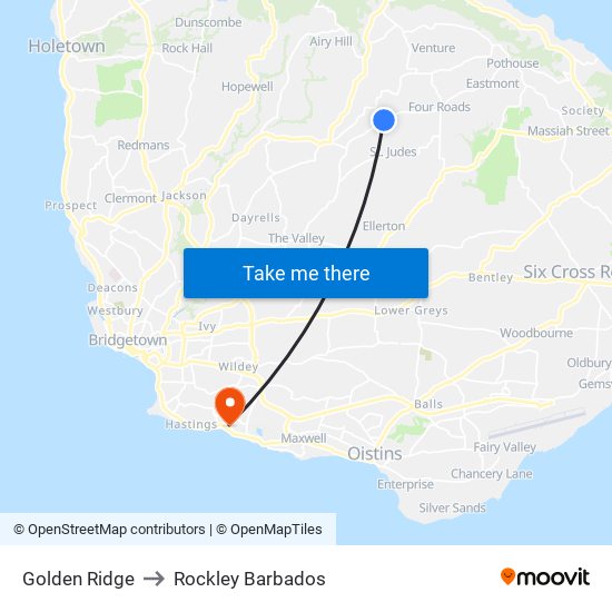 Golden Ridge to Rockley Barbados map