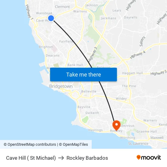 Cave Hill ( St Michael) to Rockley Barbados map