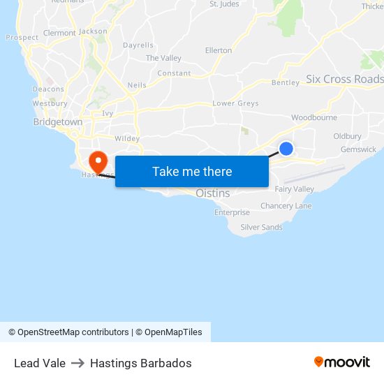 Lead Vale to Hastings Barbados map