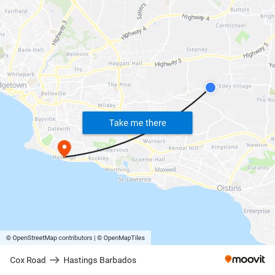 Cox Road to Hastings Barbados map