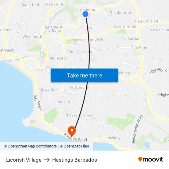 Licorish Village to Hastings Barbados map