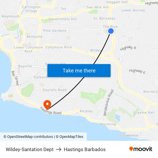 Wildey-Santation Dept to Hastings Barbados map