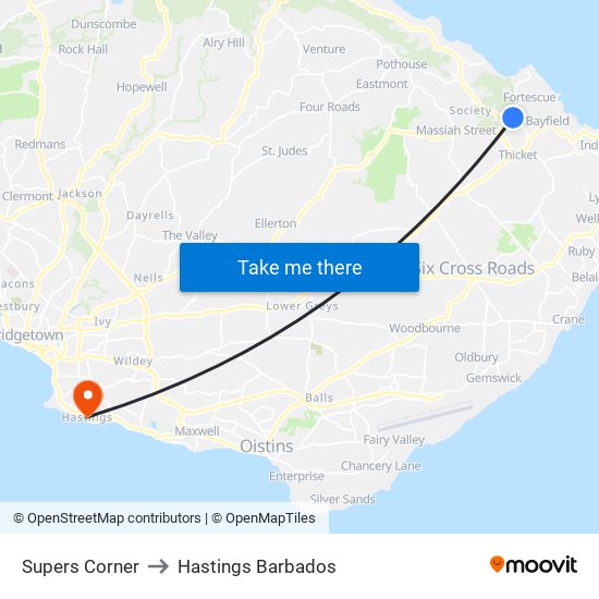 Supers Corner to Hastings Barbados map