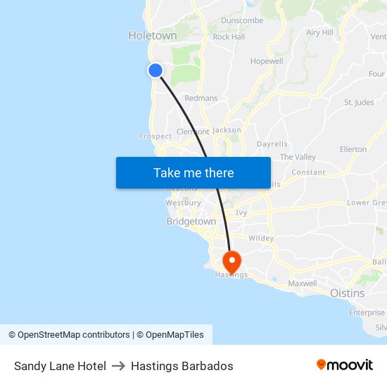 Sandy Lane Hotel to Hastings Barbados map