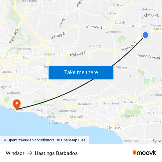 Windsor to Hastings Barbados map