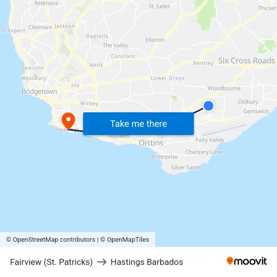 Fairview (St. Patricks) to Hastings Barbados map
