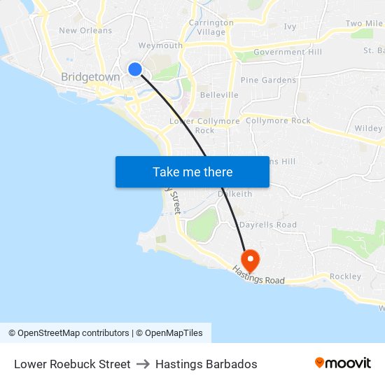 Lower Roebuck Street to Hastings Barbados map