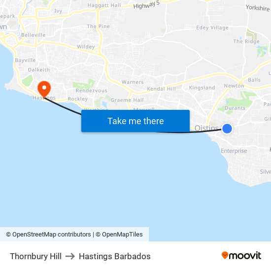 Thornbury Hill to Hastings Barbados map