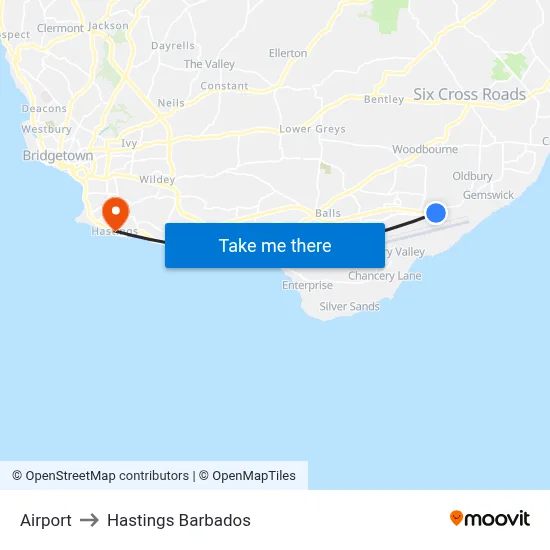 Airport to Hastings Barbados map