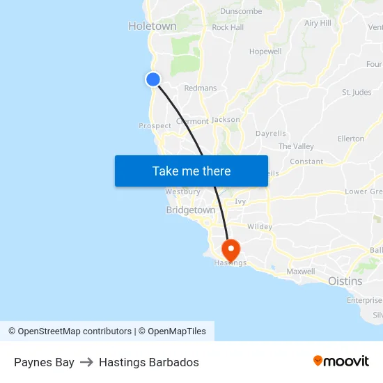 Paynes Bay to Hastings Barbados map