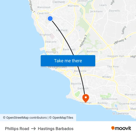 Phillips Road to Hastings Barbados map