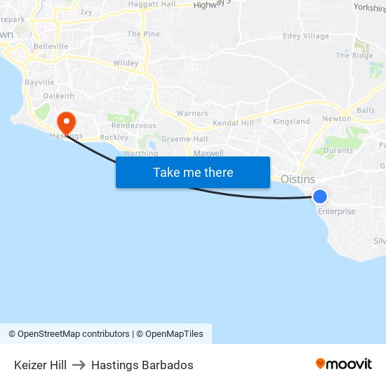 Keizer Hill to Hastings Barbados map