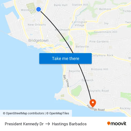 President Kennedy Dr to Hastings Barbados map