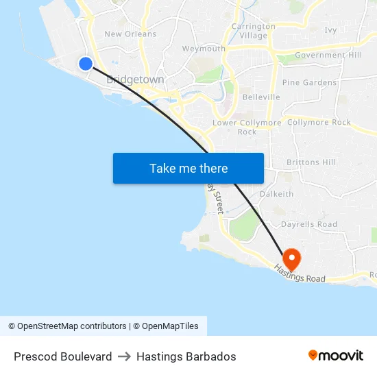 Prescod Boulevard to Hastings Barbados map