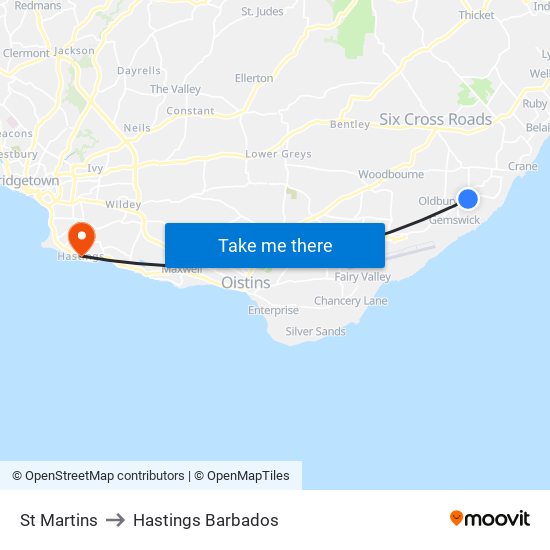 St Martins to Hastings Barbados map